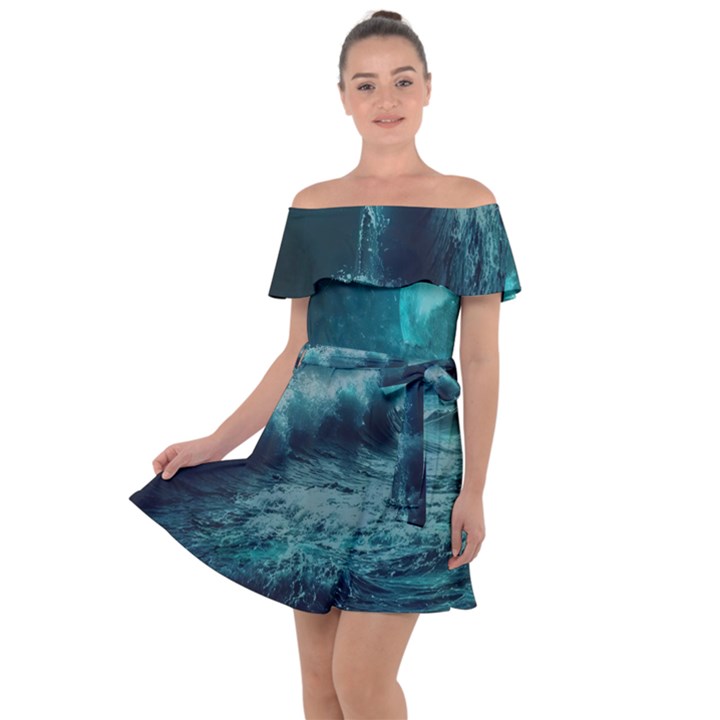 Ai Generated Waves Ocean Sea Tsunami Nautical Blue Sea Art Off Shoulder Velour Dress