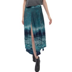 Ai Generated Waves Ocean Sea Tsunami Nautical Blue Sea Art Velour Split Maxi Skirt by Ravend