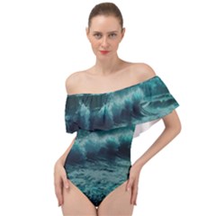 Ai Generated Waves Ocean Sea Tsunami Nautical Blue Sea Art Off Shoulder Velour Bodysuit  by Ravend