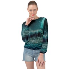 Ai Generated Waves Ocean Sea Tsunami Nautical Blue Sea Art Banded Bottom Chiffon Top by Ravend