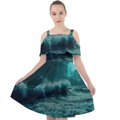 Ai Generated Waves Ocean Sea Tsunami Nautical Blue Sea Art Cut Out Shoulders Chiffon Dress by Ravend