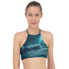 Ai Generated Waves Ocean Sea Tsunami Nautical Blue Sea Art Racer Front Bikini Top by Ravend