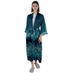 Ai Generated Waves Ocean Sea Tsunami Nautical Blue Sea Art Maxi Satin Kimono by Ravend