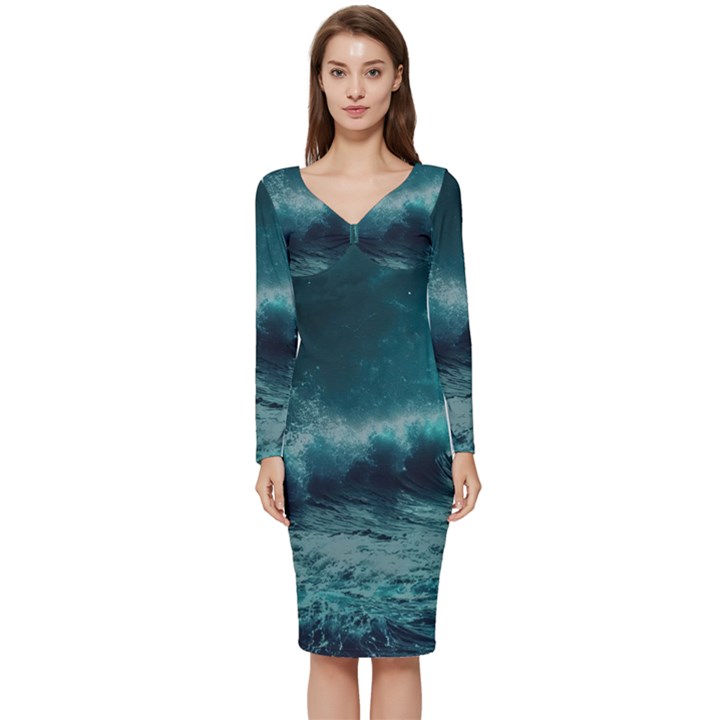 Ai Generated Waves Ocean Sea Tsunami Nautical Blue Sea Art Long Sleeve V-Neck Bodycon Dress 