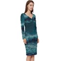 Ai Generated Waves Ocean Sea Tsunami Nautical Blue Sea Art Long Sleeve V-Neck Bodycon Dress  View3