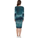 Ai Generated Waves Ocean Sea Tsunami Nautical Blue Sea Art Long Sleeve V-Neck Bodycon Dress  View4