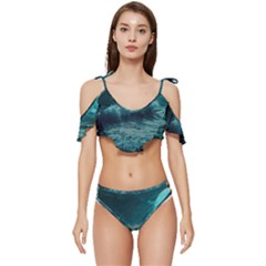 Ai Generated Waves Ocean Sea Tsunami Nautical Blue Sea Art Ruffle Edge Tie Up Bikini Set	