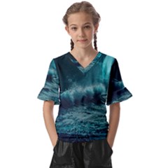 Ai Generated Waves Ocean Sea Tsunami Nautical Blue Sea Art Kids  V-neck Horn Sleeve Blouse by Ravend