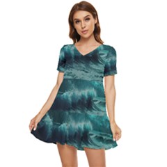 Ai Generated Waves Ocean Sea Tsunami Nautical Blue Sea Art Tiered Short Sleeve Babydoll Dress by Ravend