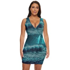 Ai Generated Waves Ocean Sea Tsunami Nautical Blue Sea Art Draped Bodycon Dress by Ravend