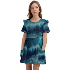 Ai Generated Waves Ocean Sea Tsunami Nautical Blue Sea Art Kids  Frilly Sleeves Pocket Dress by Ravend