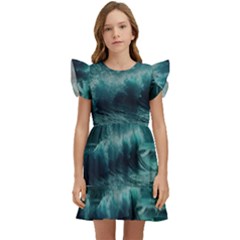 Ai Generated Waves Ocean Sea Tsunami Nautical Blue Sea Art Kids  Winged Sleeve Dress by Ravend