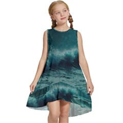 Ai Generated Waves Ocean Sea Tsunami Nautical Blue Sea Art Kids  Frill Swing Dress by Ravend