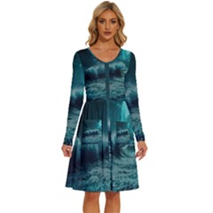 Ai Generated Waves Ocean Sea Tsunami Nautical Blue Sea Art Long Sleeve Dress With Pocket by Ravend