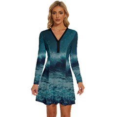 Ai Generated Waves Ocean Sea Tsunami Nautical Blue Sea Art Long Sleeve Deep V Mini Dress  by Ravend