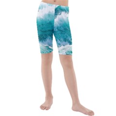 Ai Generated Waves Ocean Sea Tsunami Nautical Blue Sea Kids  Mid Length Swim Shorts by Ravend