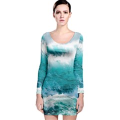 Ai Generated Waves Ocean Sea Tsunami Nautical Blue Sea Long Sleeve Bodycon Dress by Ravend