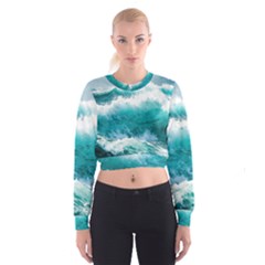 Ai Generated Waves Ocean Sea Tsunami Nautical Blue Sea Cropped Sweatshirt by Ravend