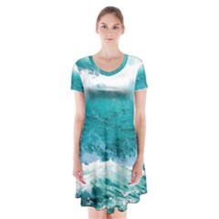 Ai Generated Waves Ocean Sea Tsunami Nautical Blue Sea Short Sleeve V-neck Flare Dress by Ravend