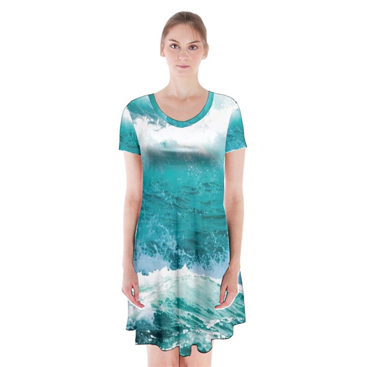 Ai Generated Waves Ocean Sea Tsunami Nautical Blue Sea Short Sleeve V-neck Flare Dress