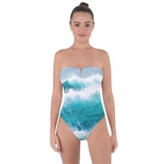 Ai Generated Waves Ocean Sea Tsunami Nautical Blue Sea Tie Back One Piece Swimsuit by Ravend