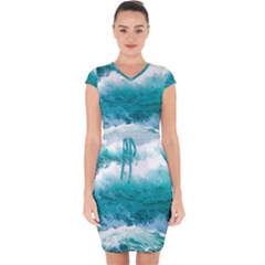 Ai Generated Waves Ocean Sea Tsunami Nautical Blue Sea Capsleeve Drawstring Dress  by Ravend