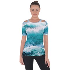 Ai Generated Waves Ocean Sea Tsunami Nautical Blue Sea Shoulder Cut Out Short Sleeve Top by Ravend