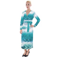 Ai Generated Waves Ocean Sea Tsunami Nautical Blue Sea Velvet Maxi Wrap Dress by Ravend