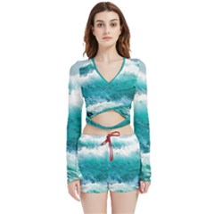 Ai Generated Waves Ocean Sea Tsunami Nautical Blue Sea Velvet Wrap Crop Top And Shorts Set by Ravend