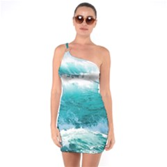 Ai Generated Waves Ocean Sea Tsunami Nautical Blue Sea One Soulder Bodycon Dress by Ravend