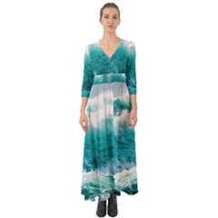 Ai Generated Waves Ocean Sea Tsunami Nautical Blue Sea Button Up Boho Maxi Dress by Ravend