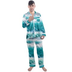 Ai Generated Waves Ocean Sea Tsunami Nautical Blue Sea Men s Long Sleeve Satin Pajamas Set by Ravend