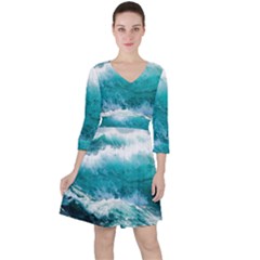 Ai Generated Waves Ocean Sea Tsunami Nautical Blue Sea Quarter Sleeve Ruffle Waist Dress by Ravend