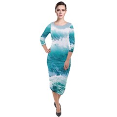 Ai Generated Waves Ocean Sea Tsunami Nautical Blue Sea Quarter Sleeve Midi Velour Bodycon Dress by Ravend