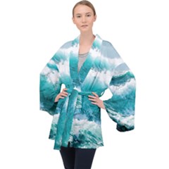 Ai Generated Waves Ocean Sea Tsunami Nautical Blue Sea Long Sleeve Velvet Kimono  by Ravend