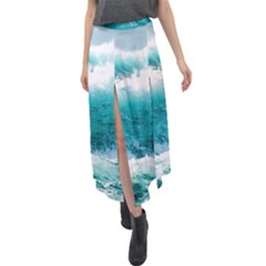 Ai Generated Waves Ocean Sea Tsunami Nautical Blue Sea Velour Split Maxi Skirt by Ravend