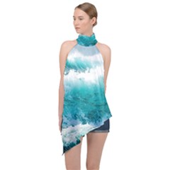 Ai Generated Waves Ocean Sea Tsunami Nautical Blue Sea Halter Asymmetric Satin Top by Ravend