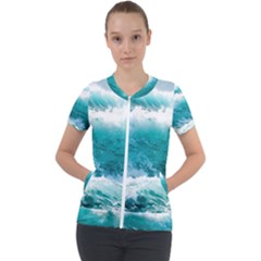 Ai Generated Waves Ocean Sea Tsunami Nautical Blue Sea Short Sleeve Zip Up Jacket by Ravend