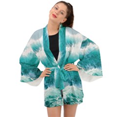 Ai Generated Waves Ocean Sea Tsunami Nautical Blue Sea Long Sleeve Kimono by Ravend