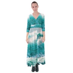 Ai Generated Waves Ocean Sea Tsunami Nautical Blue Sea Button Up Maxi Dress by Ravend