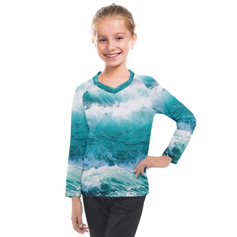 Ai Generated Waves Ocean Sea Tsunami Nautical Blue Sea Kids  Long Mesh Tee by Ravend