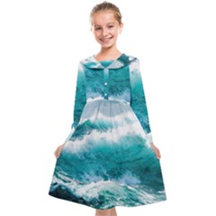 Ai Generated Waves Ocean Sea Tsunami Nautical Blue Sea Kids  Midi Sailor Dress by Ravend