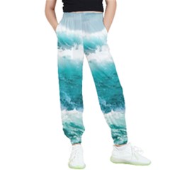 Ai Generated Waves Ocean Sea Tsunami Nautical Blue Sea Kids  Elastic Waist Pants by Ravend