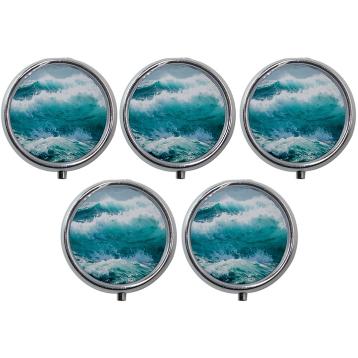 Ai Generated Waves Ocean Sea Tsunami Nautical Blue Sea Mini Round Pill Box (Pack of 5)