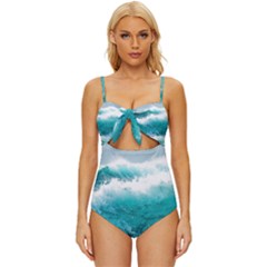 Ai Generated Waves Ocean Sea Tsunami Nautical Blue Sea Knot Front One-piece Swimsuit by Ravend