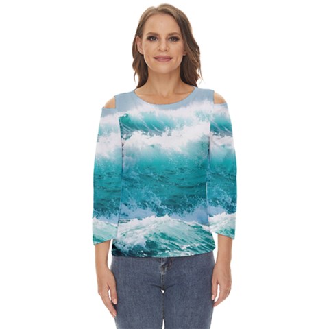 Ai Generated Waves Ocean Sea Tsunami Nautical Blue Sea Cut Out Wide Sleeve Top by Ravend