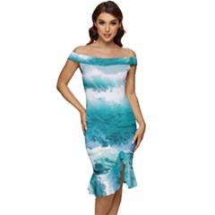 Ai Generated Waves Ocean Sea Tsunami Nautical Blue Sea Off Shoulder Ruffle Split Hem Bodycon Dress by Ravend