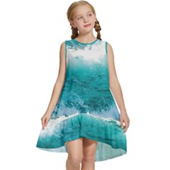 Ai Generated Waves Ocean Sea Tsunami Nautical Blue Sea Kids  Frill Swing Dress by Ravend