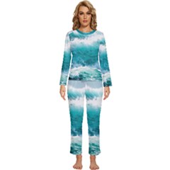 Ai Generated Waves Ocean Sea Tsunami Nautical Blue Sea Womens  Long Sleeve Lightweight Pajamas Set by Ravend