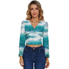 Ai Generated Waves Ocean Sea Tsunami Nautical Blue Sea Long Sleeve V-neck Top by Ravend